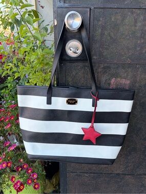 Michael Kors Black & White Striped Tote with Red Star bag Charm